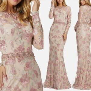 Mac Duggal Floral Embroidered Long Sleeves Trump Gown Size 16 Nude Nwt